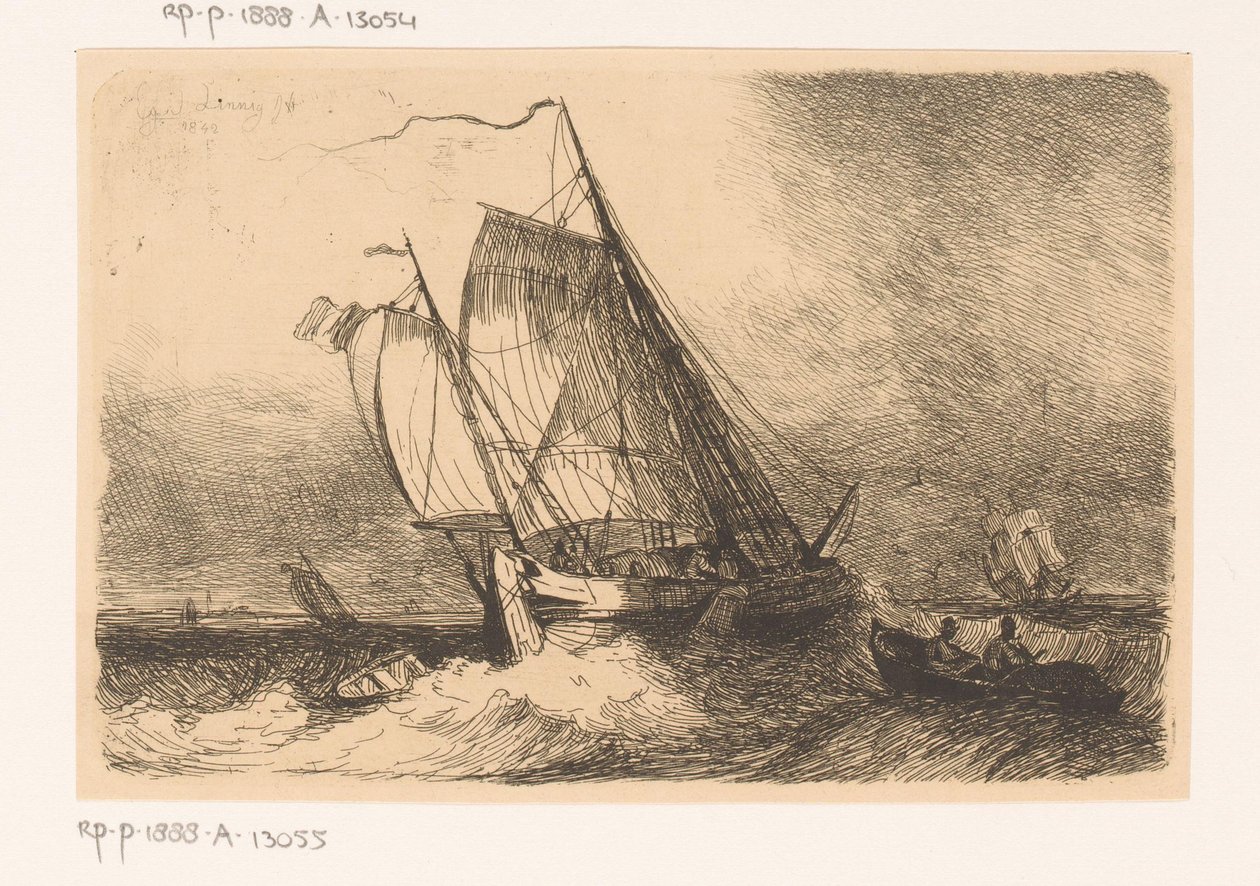 Sailing Ships and a Rowboat on a Rough Sea by Egidius Linnig