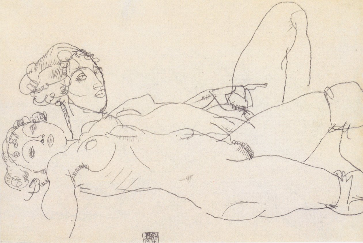 Two Reclining Nude Girls by Egon Schiele