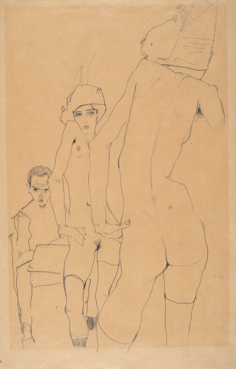 Schiele with Nude Model Before the Mirror, 1910 by Egon Schiele