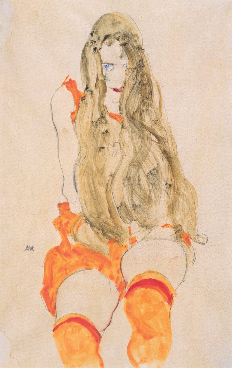 Seated Girl with Falling Hair by Egon Schiele