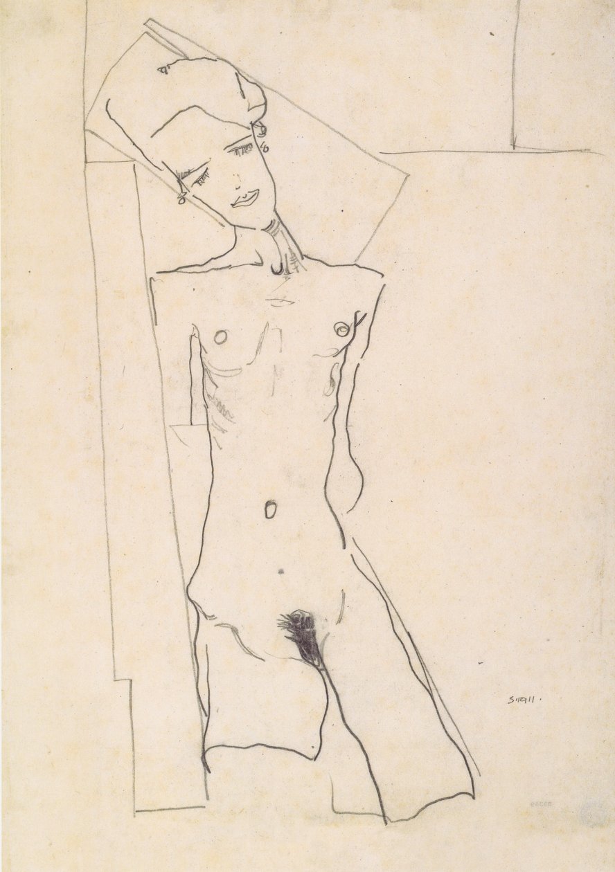 Standing Female Nude in Front of Geometric Shapes by Egon Schiele