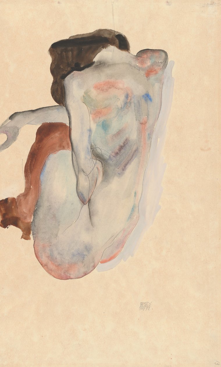 Crouching Nude in Shoes and Black Stockings, Back View by Egon Schiele