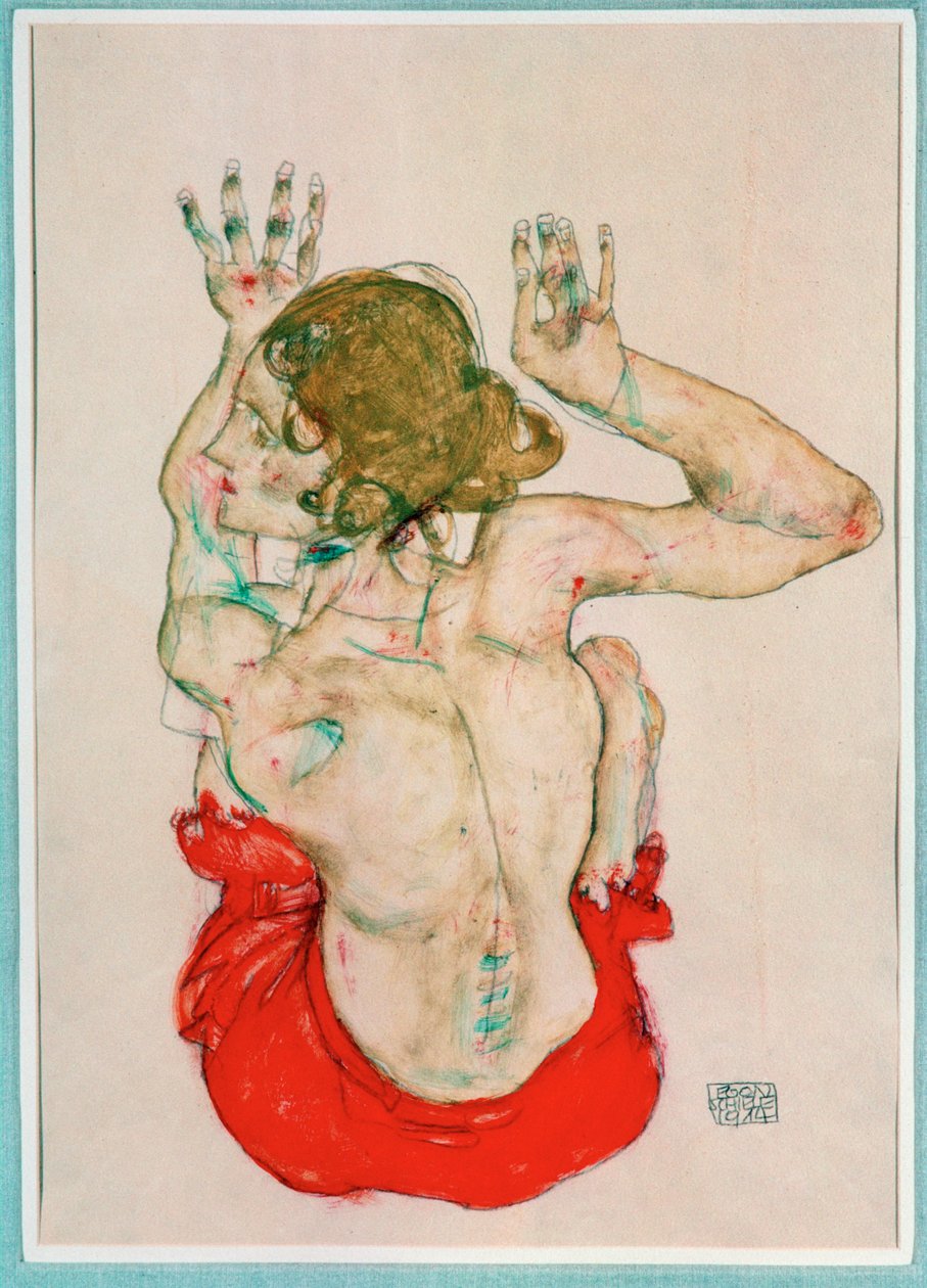 Female Nude Seated on Red Drapery, Back View by Egon Schiele