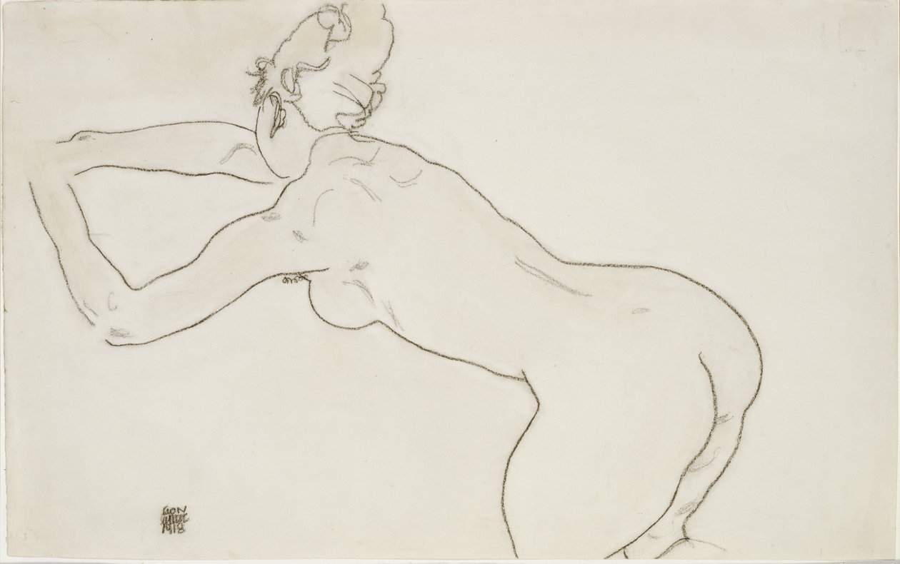 Female nude kneeling and bending forward to the left by Egon Schiele