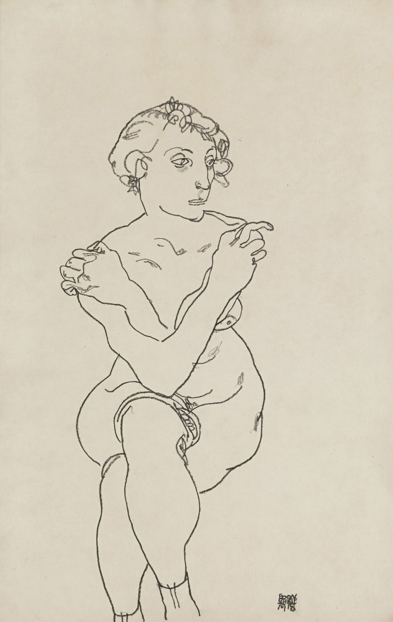 Seated female nude, arms and legs crossed by Egon Schiele