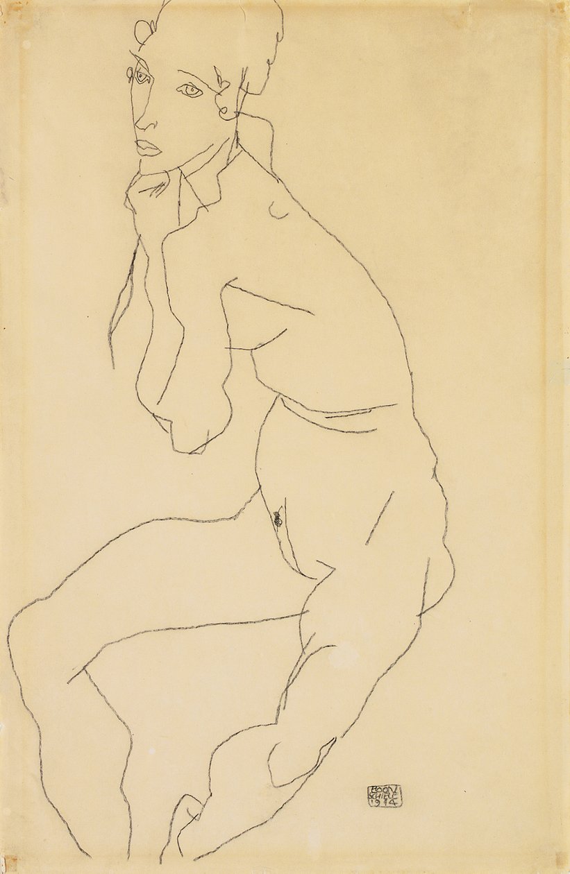 Seated Female Nude with Hand on Chin by Egon Schiele