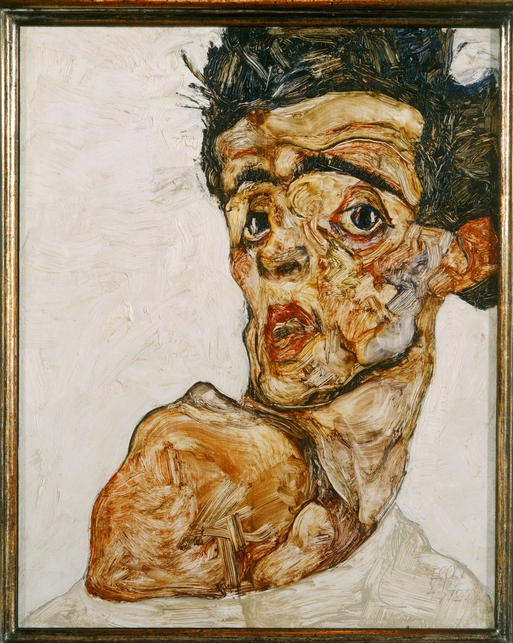 Self-Portrait with Raised Bare Shoulder by Egon Schiele