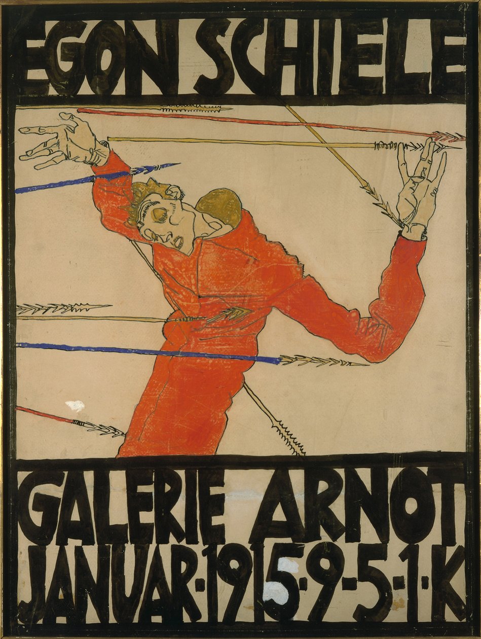 Self-portrait as Saint Sebastian, poster design for an exhibition at Galerie Arnot, 1914 by Egon Schiele