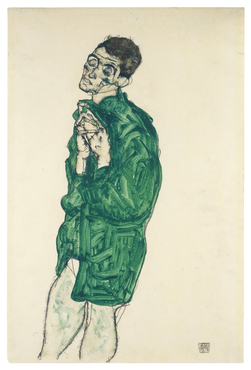 Self-portrait in green shirt with eyes closed by Egon Schiele