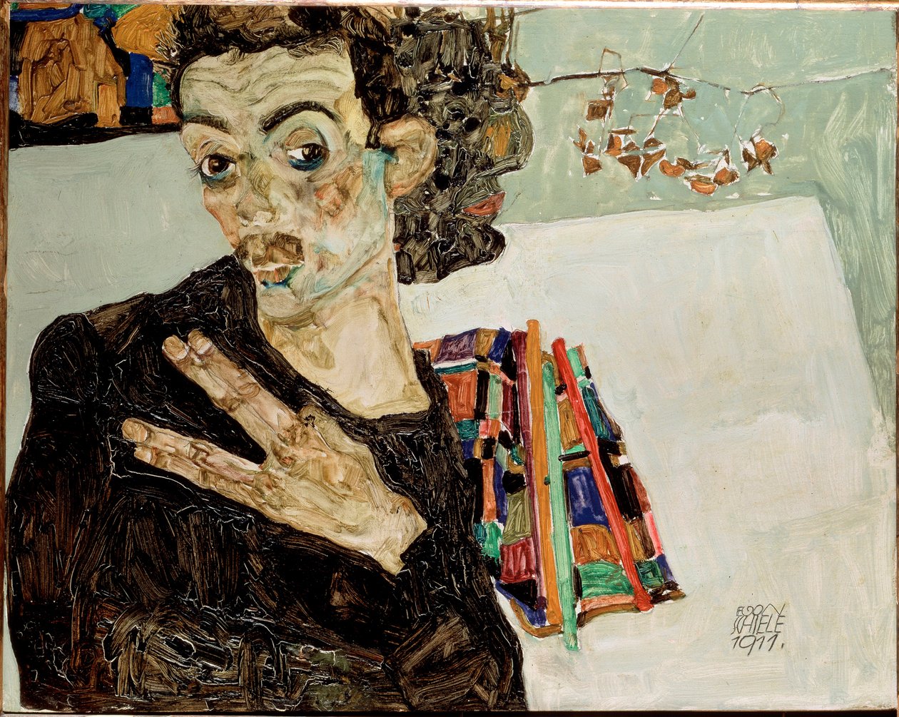 Self-portrait with fingers apart. Painting by Egon Schiele by Egon Schiele