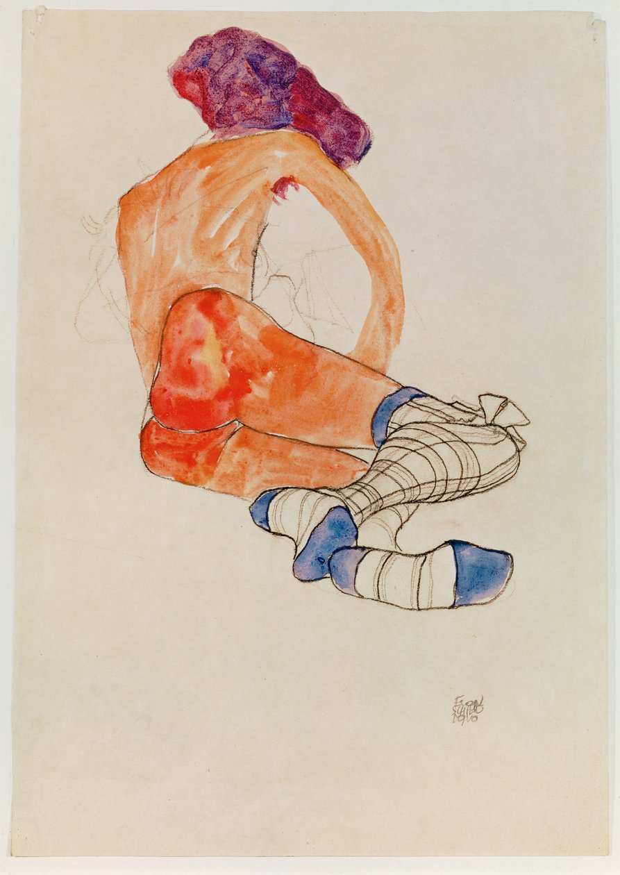Seated Female Nude with Blue Garter by Egon Schiele