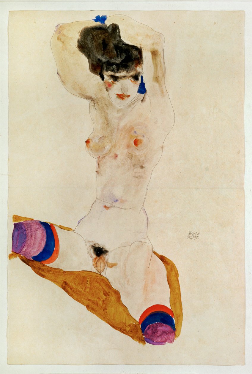 Seated Naked Girl with Hands Over Head by Egon Schiele
