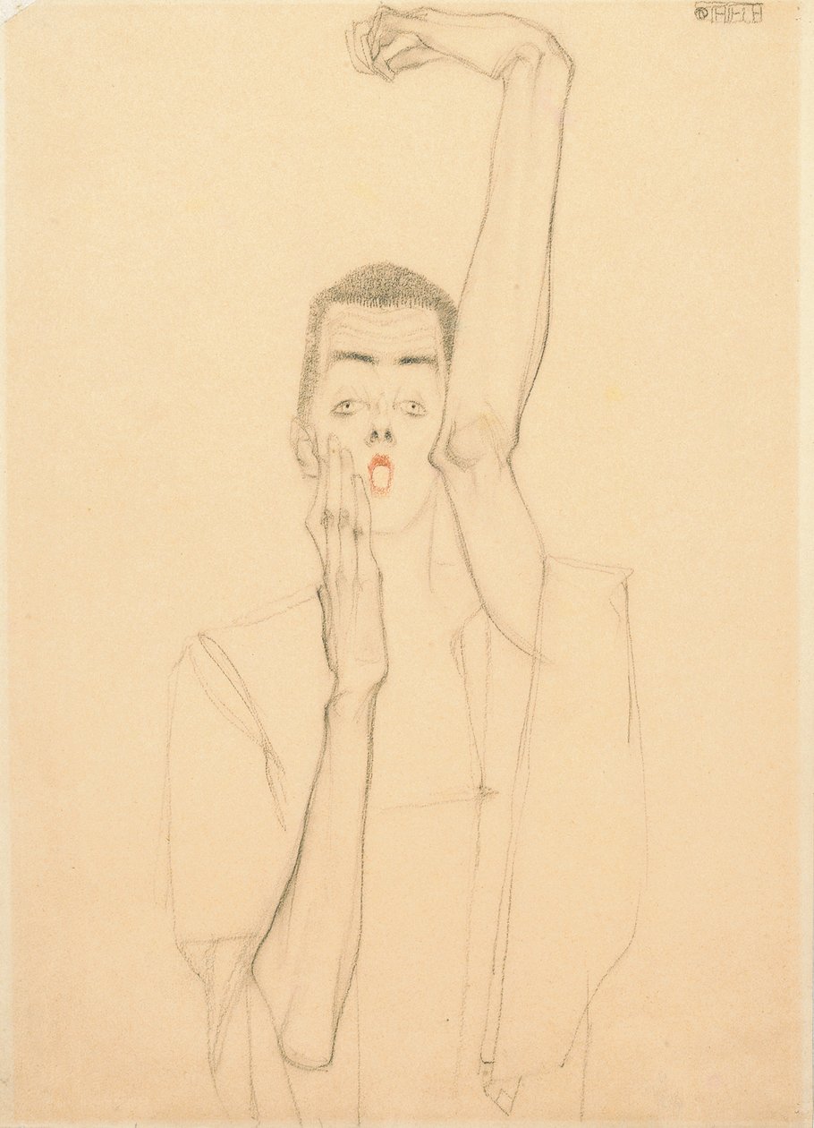 Young Man with a Raised Arm and Red Mouth by Egon Schiele
