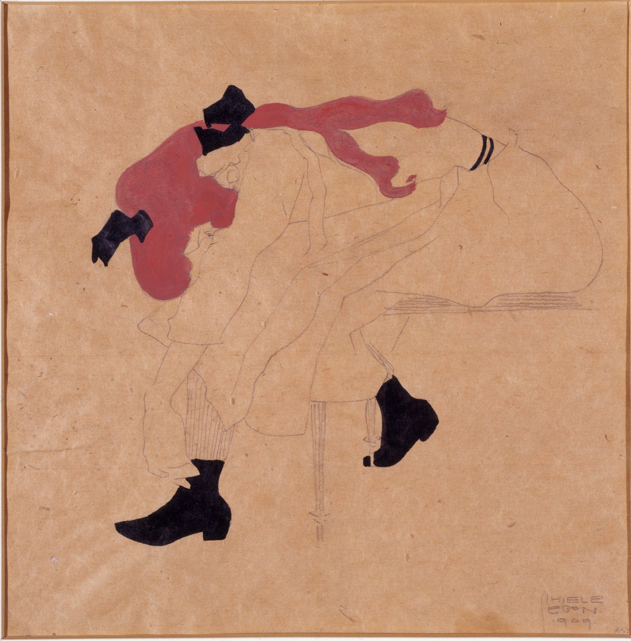 Young Girl with Black Ribbon in Red Hair, Putting Her Shoes On by Egon Schiele