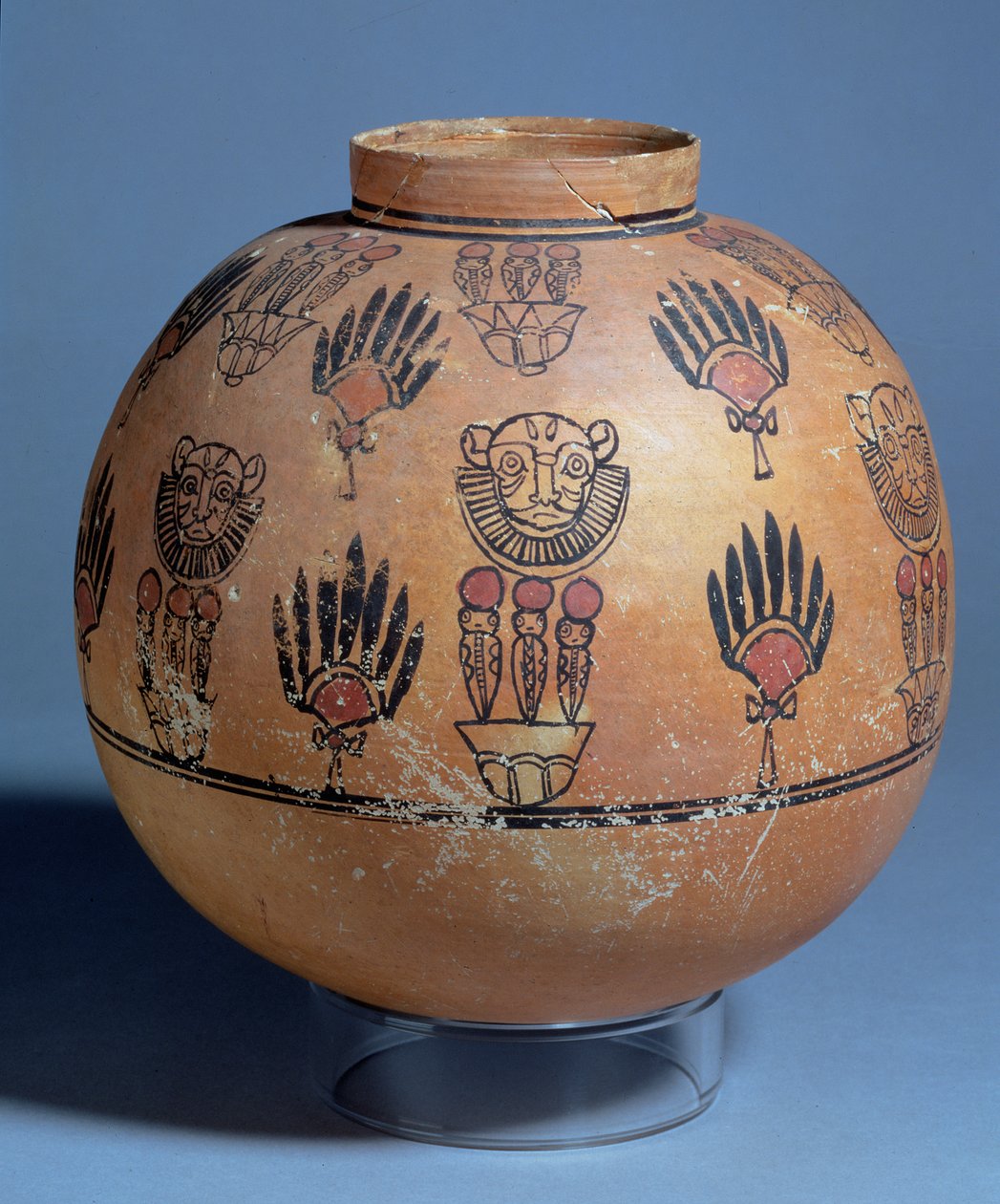 Jar decorated with lion masks and cobra goddesses on lotus flowers, from Tomb 1090, Faras, Sudan by Egyptian