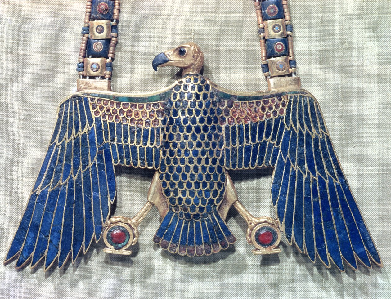 Necklace with vulture pendant, from the tomb of Tutankhamun (c.1370-52 BC) New Kingdom by Egyptian 18th Dynasty