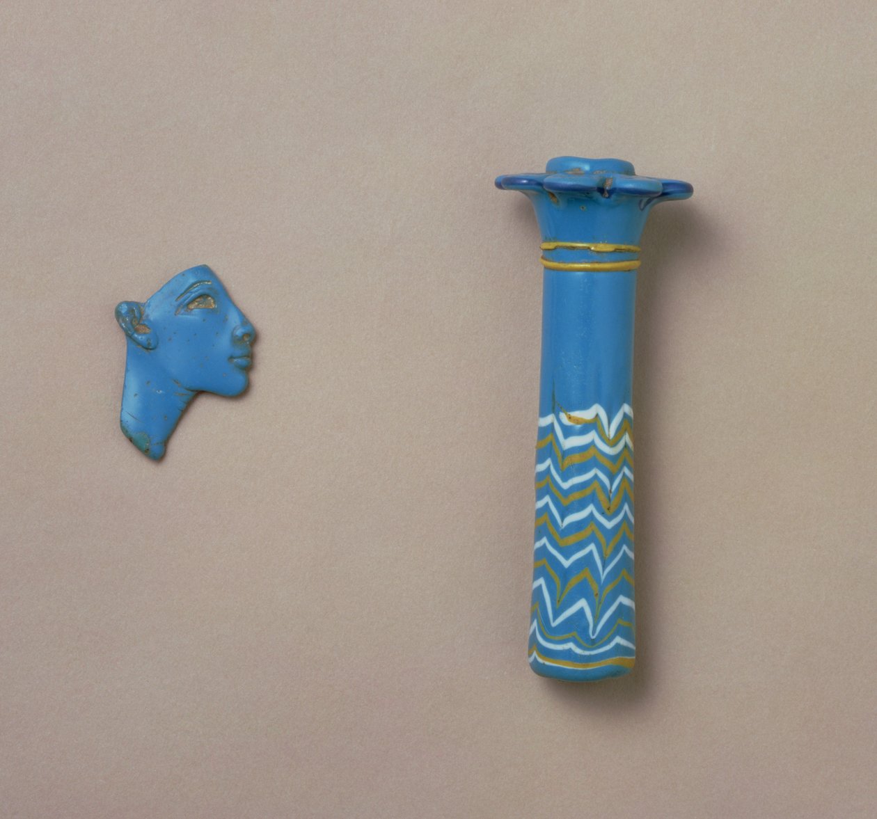 Palm column kohl flask and fragment of inlay of a royal head, from Amarna, New Kingdom by Egyptian 18th Dynasty