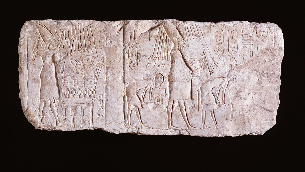 Relief of the heretic King Akhenaten depicting the king standing, arms upraised, before an offering table and walking in procession celebrating the royal heb sed-festival by Egyptian 18th Dynasty