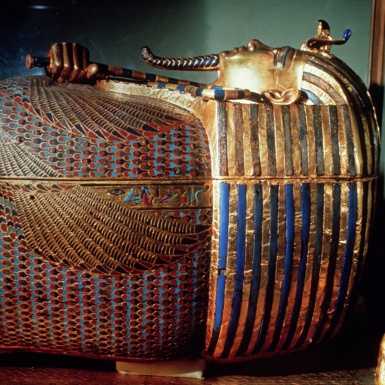 The Innermost Coffin of Tutankhamun Showing the King in Osiride Form Clasping the Crook and the Flail from the Tomb of Tutankhamun, New Kingdom (detail) by Egyptian 18th Dynasty