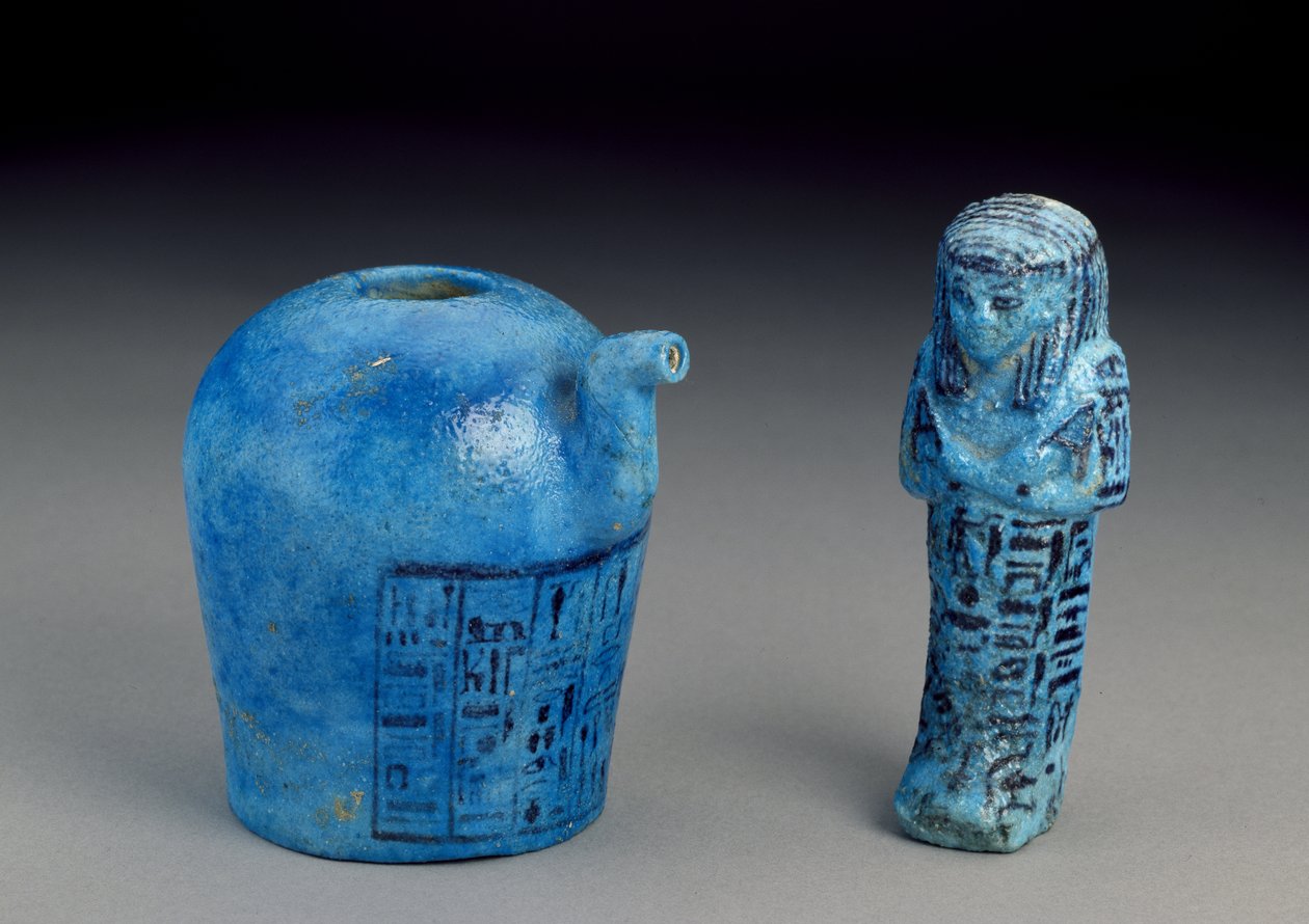 Libation Vessel inscribed for the priest of Amun, Amenemope and Shawabti from Tomb 148, Thebes, New Kingdom, c.1193-1080 BC by Egyptian 20th Dynasty
