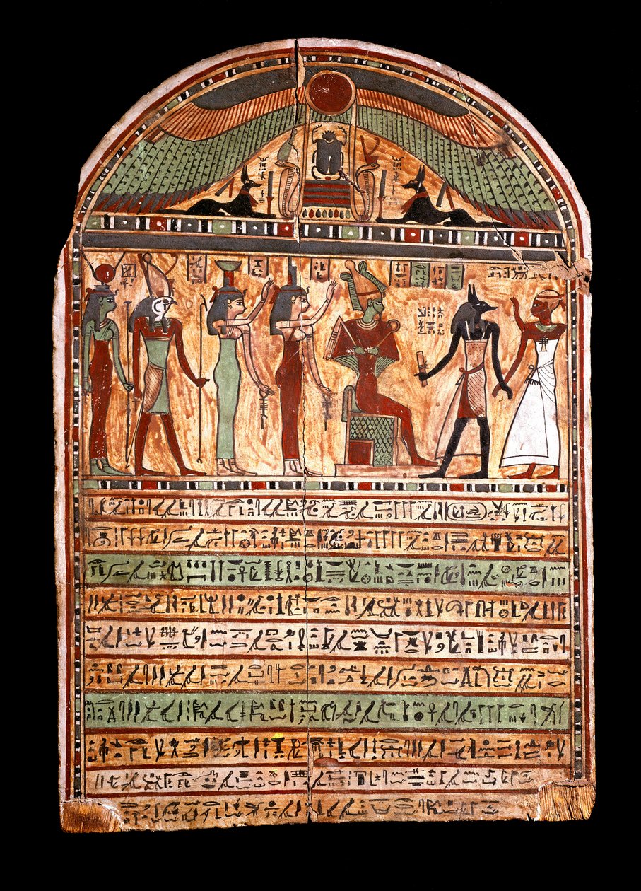 Egyptian antiquities: funerary stele of a high priest: Osiris welcomes the deceased present in Anubis, behind him the deities Isis, Nephtis (Nephtys or Neftis), Horus, Hathor. 3rd-2nd century BC. Turin, Egyptian museum by Egyptian
