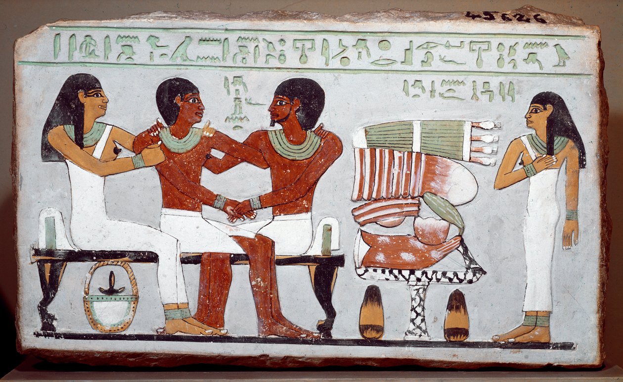 Egyptian antiquity: burial stele painted limestone depicting the family of Amenemhet by Egyptian 11th Dynasty
