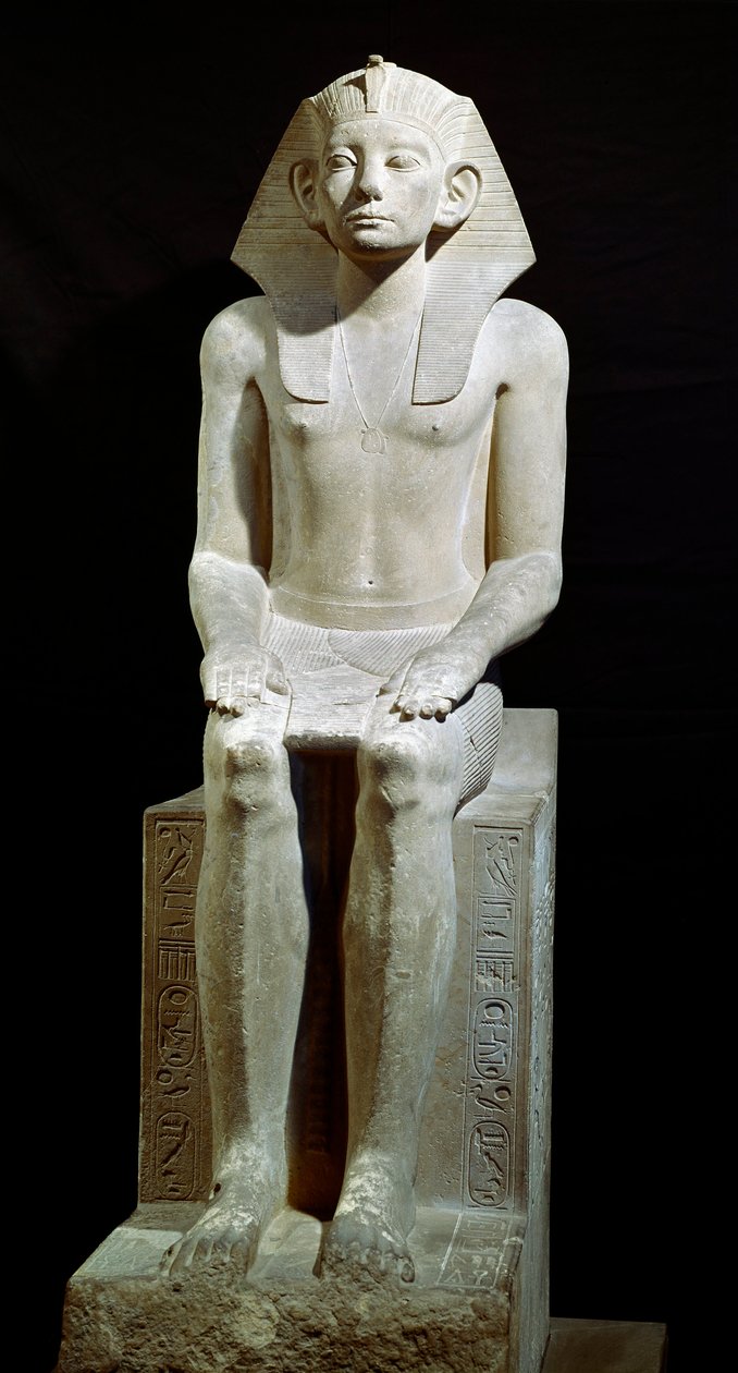 Egyptian antiquity: limestone statue of Pharaoh Amenemhet III. 12th dynasty. 1910 BC. From Hawara. Cairo, Egyptian Museum by Egyptian 12th Dynasty