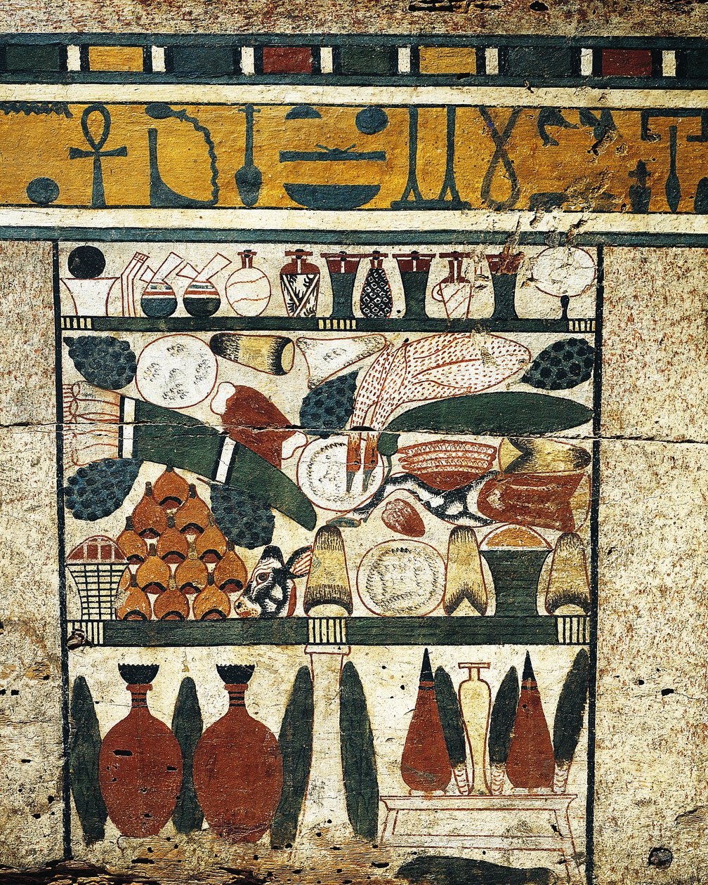Plastered, painted wood panel detail with heap of funerary offerings, from Sarcophagus of Ibi by Egyptian 17th Dynasty