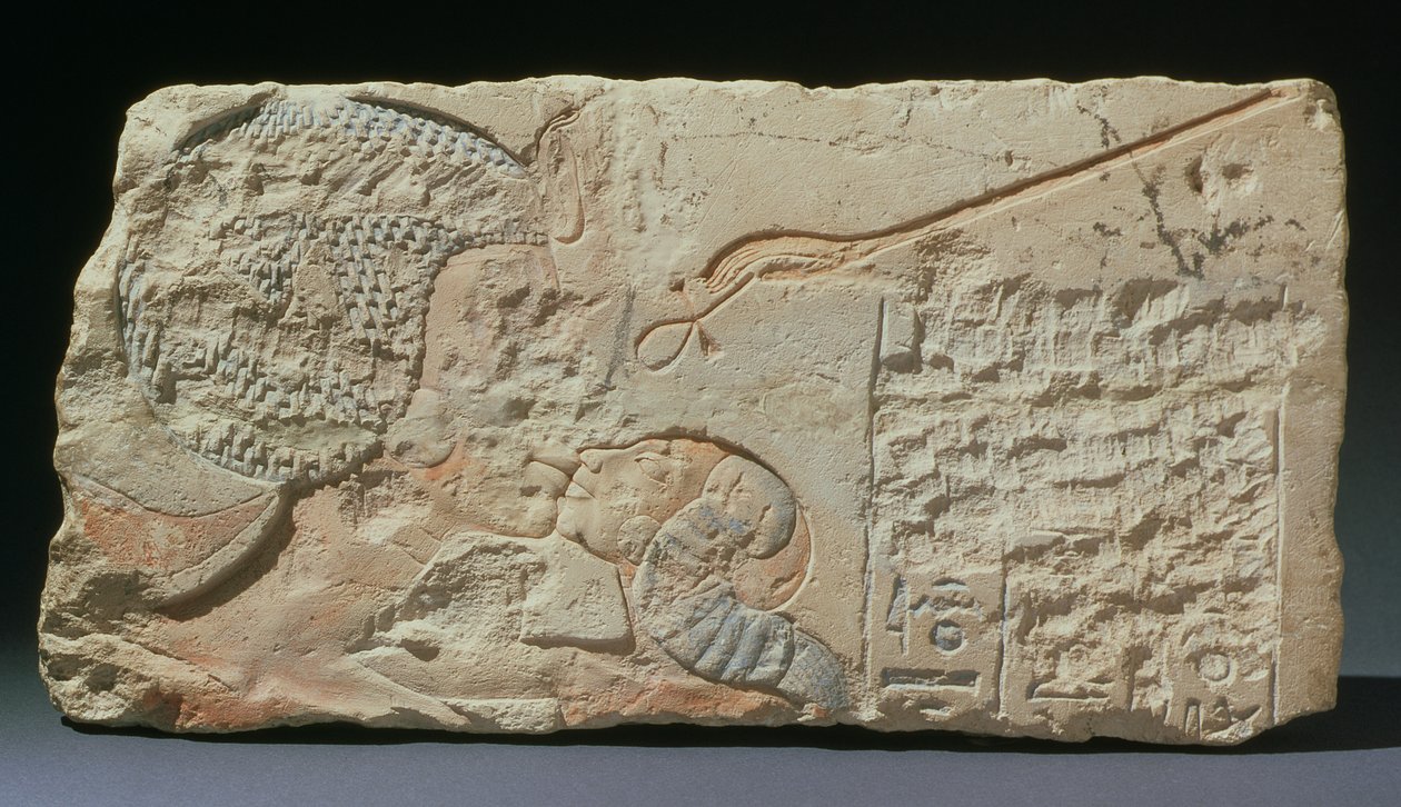 A Kiss, a relief of Queen Nefertiti kissing one of her daughters, from Hermopolis, New Kingdom, Amarna Period by Egyptian 18th Dynasty