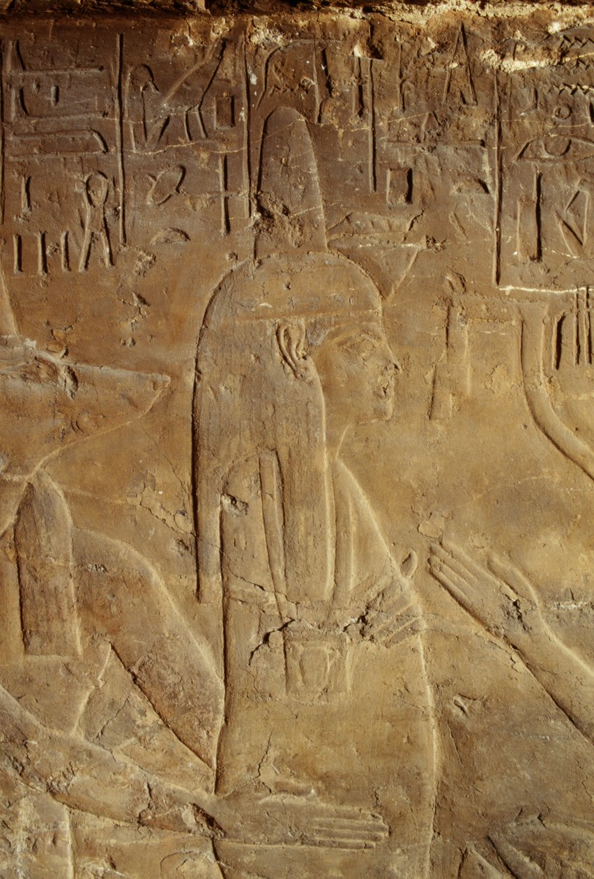 Anubis holding the mummy, relief from the tomb of Maia, wet-nurse of Tutankhamun, Saqqara, Egypt, Egyptian Civilization, New Kingdom, Dynasty XVIII (detail) by Egyptian 18th Dynasty