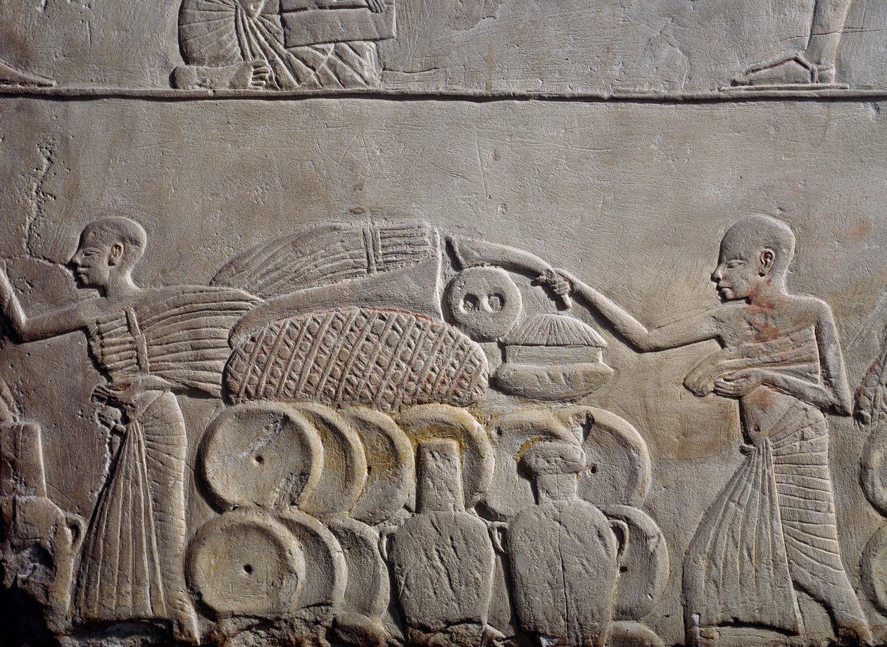 Arrangement of food in warehouses, limestone wall relief, from Memphite Tomb of Horemheb at Saqqara, New Kingdom, Dynasty XVIII by Egyptian 18th Dynasty