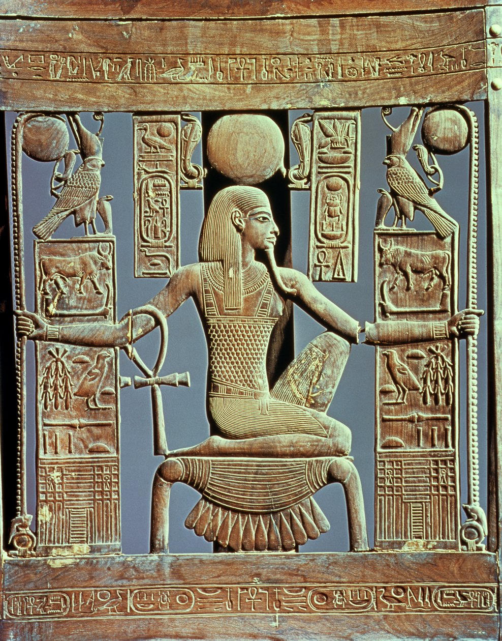 Back of a chair from the tomb of Tutankhamun depicting the spirit of millions of years, New Kingdom by Egyptian 18th Dynasty
