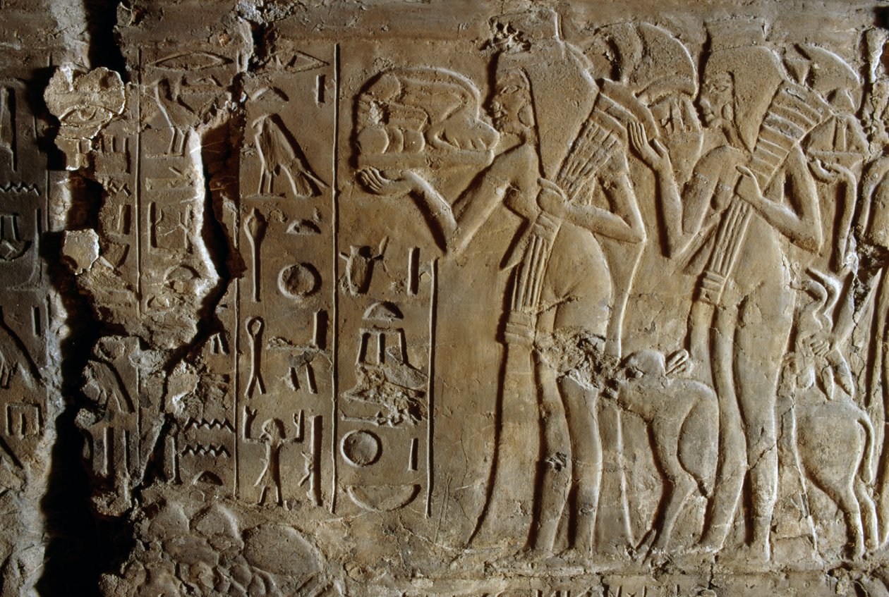 Bas-relief from the tomb of Maia, wet-nurse of Tutankhamun, Saqqara, Egypt, New Kingdom, Dynasty XVIII, (detail) by Egyptian 18th Dynasty