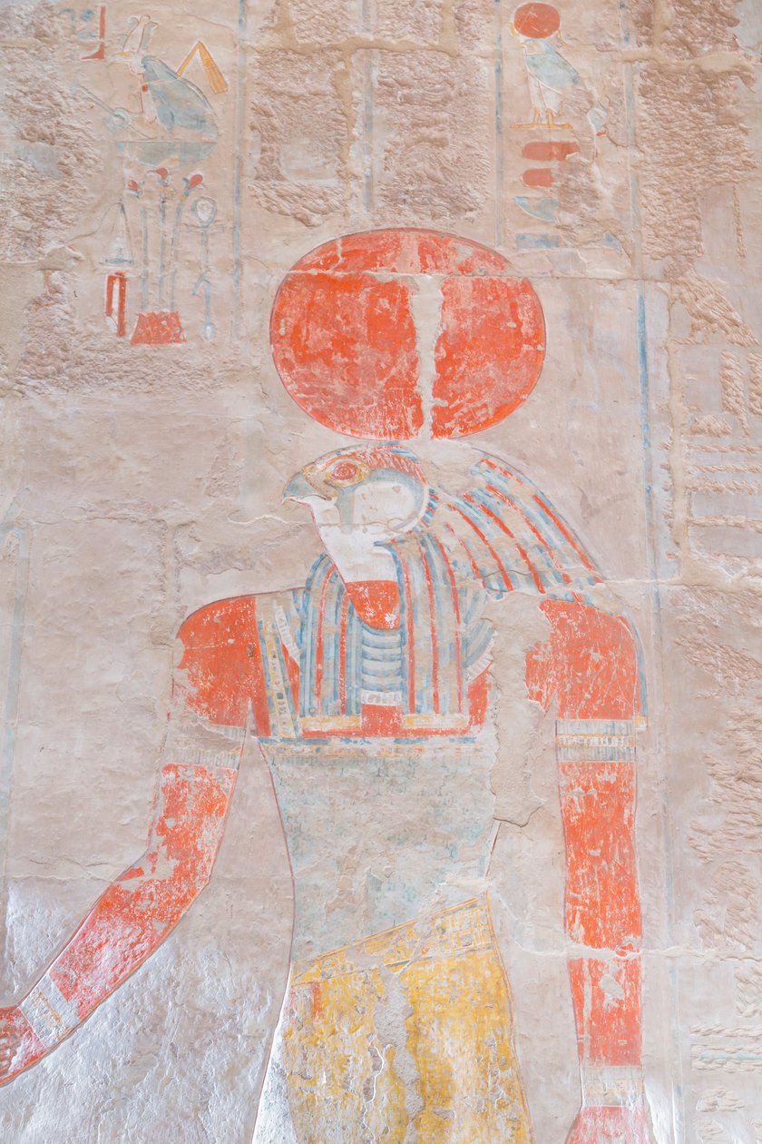 Bas relief carving of the sun god Ra, Hatshepsut temple of Deir Al Bahari, Luxor, Egypt by Egyptian 18th Dynasty