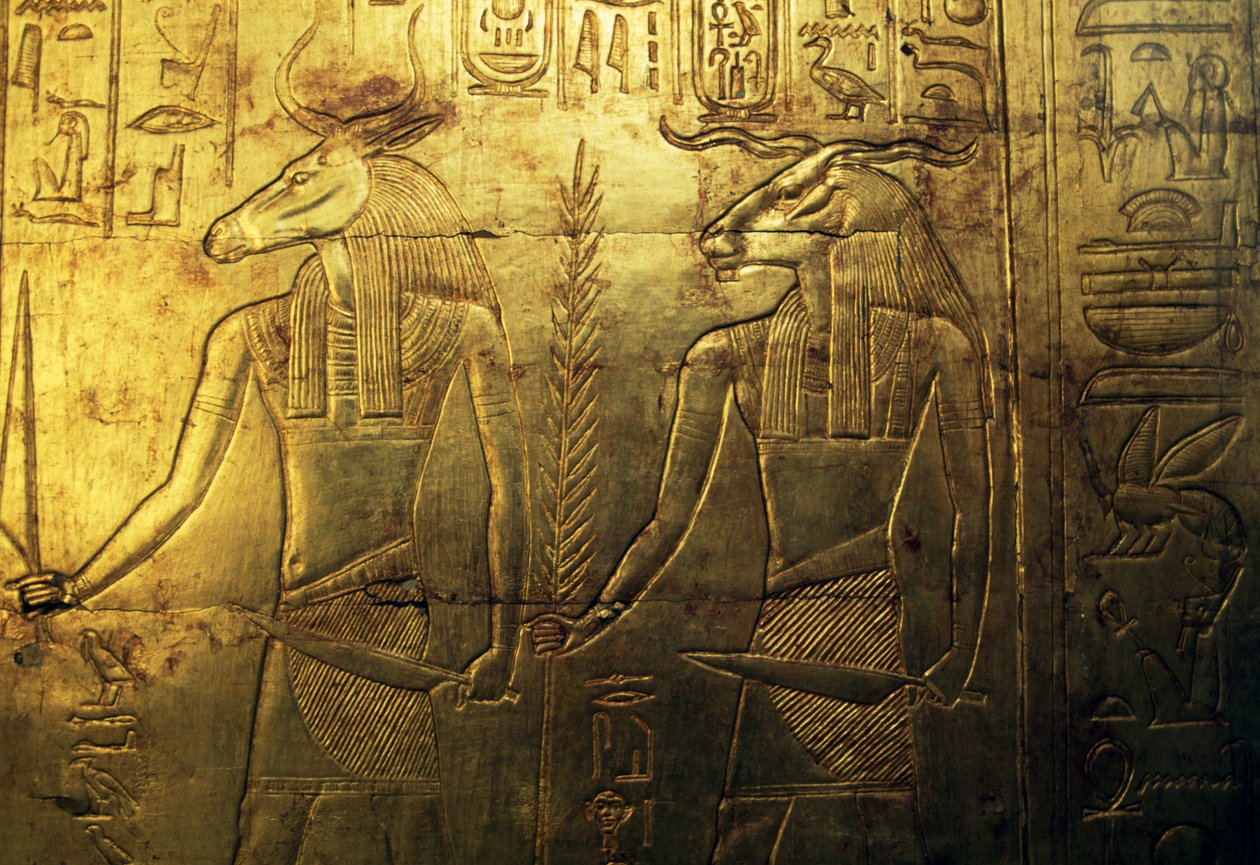 Deities, Engraving of Rear Panel of Third Funeral Chapel Covered in Gold, Treasury of Tutankhamun, Egypt, Egyptian Civilization, New Kingdom, Dynasty XVIII by Egyptian 18th Dynasty