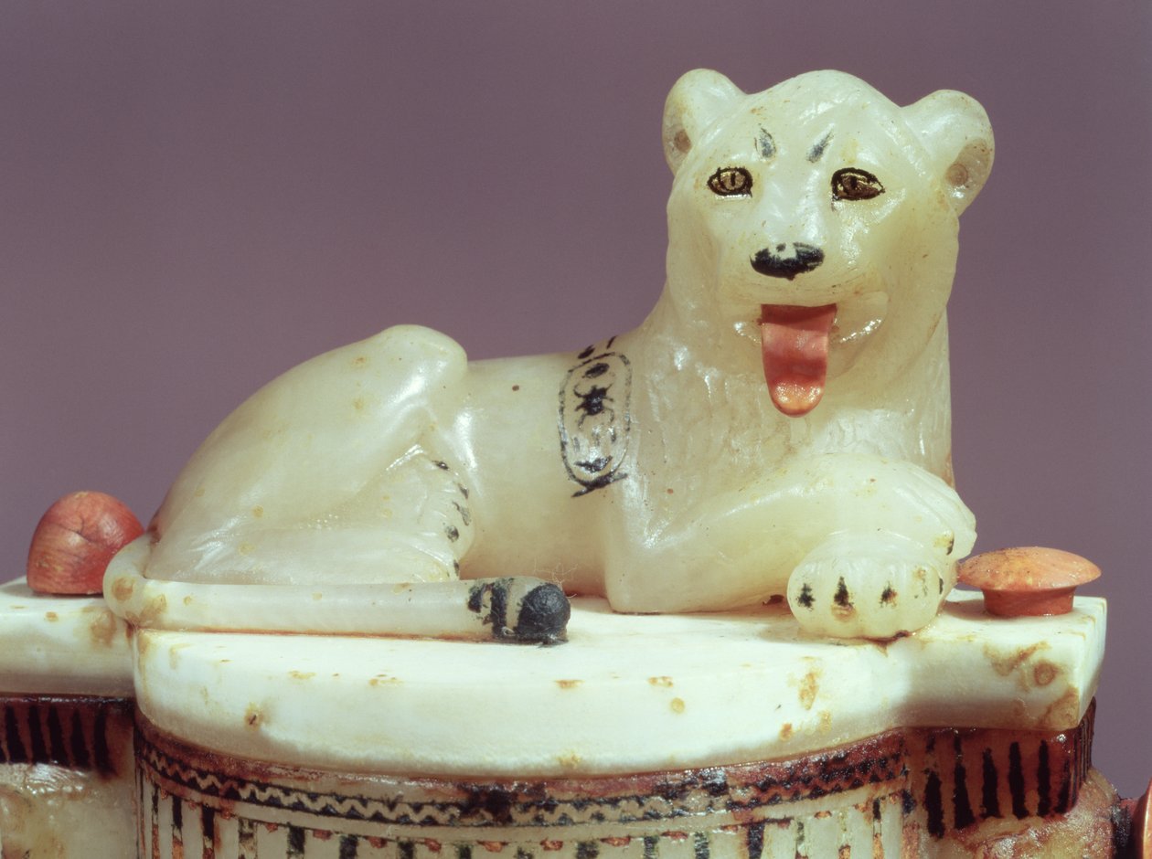 Detail of the lid of an unguent jar with a figure of the king as a lion, from the tomb of Tutankhamun (c.1370-52 BC) New Kingdom by Egyptian 18th Dynasty