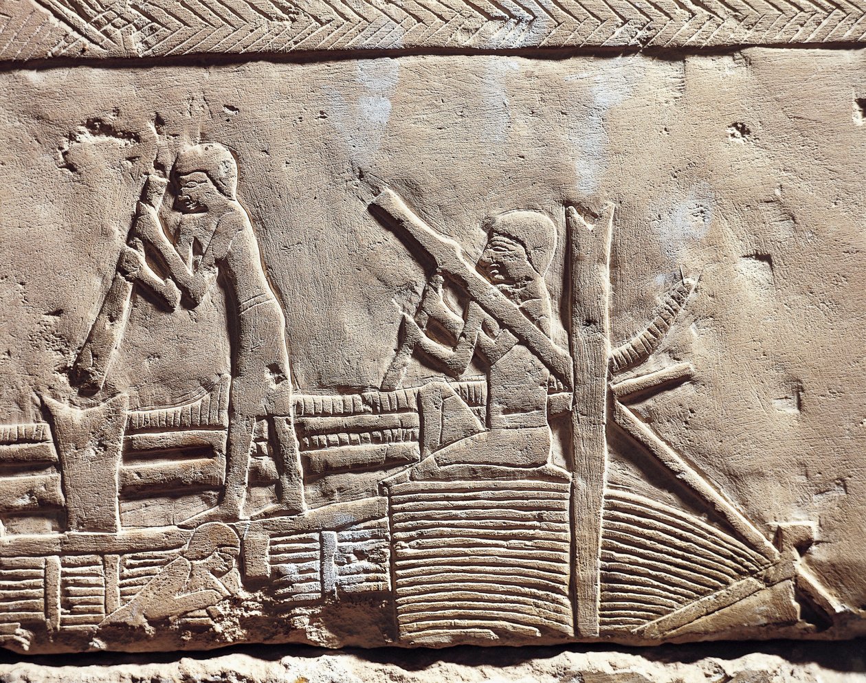 Ancient Memphis, Necropolis of Saqqara. Mastaba of Ipi. Relief Portraying Carpenters Repairing Boat. (New Kingdom, Dynasty XVIII) by Egyptian 18th Dynasty