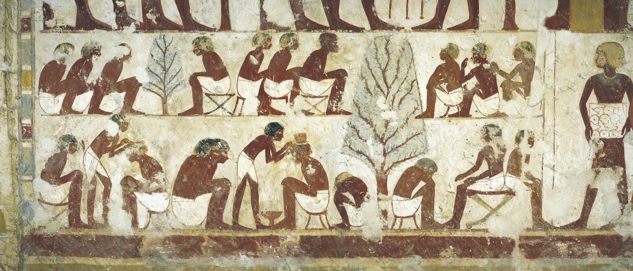 Tomb of Royal Scribe Userhat, Vestibule, Mural Paintings, Barbers at Work Under Sycamore Trees by Egyptian 18th Dynasty