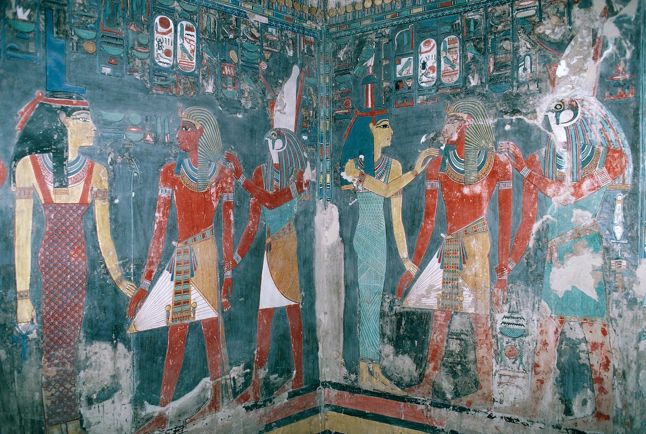 Egypt, Thebes, Luxor, Valley of the Kings, Tomb of Horemheb, Mural painting depicting Horemheb between goddess Isis and god Horus, New Kingdom, Dynasty XVIII by Egyptian 18th Dynasty