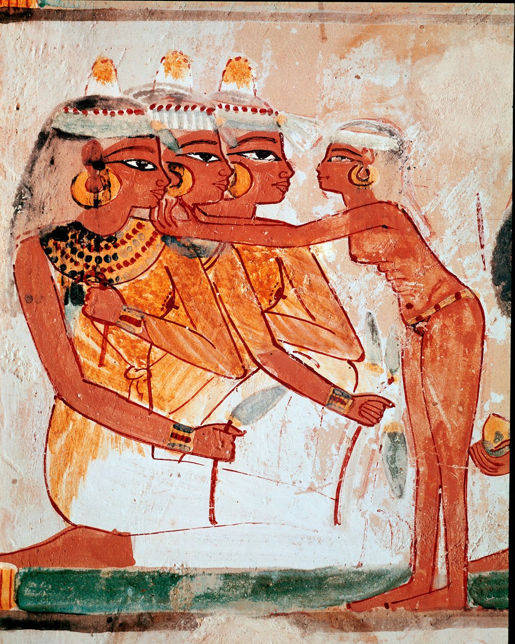 Tomb of Nakht. Toilet: maid helping three women holding lotus flowers to put on jewelry before the funeral banquet by Egyptian 18th Dynasty