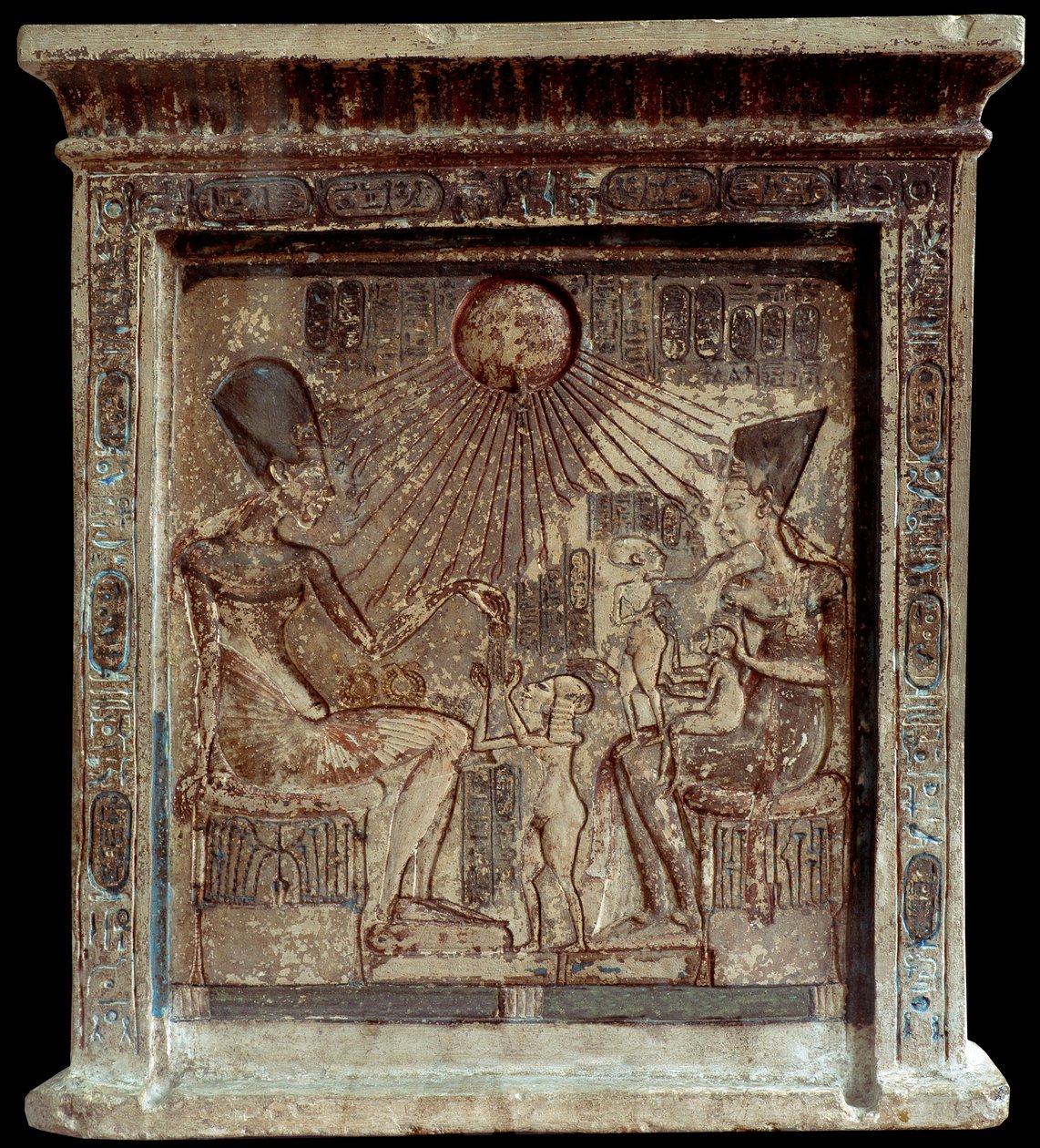 Egyptian Queen Nefertiti with Pharaoh Amenophis IV and their children, low relief, 18th dynasty, New Empire, Cairo, Egyptian Museum by Egyptian 18th Dynasty
