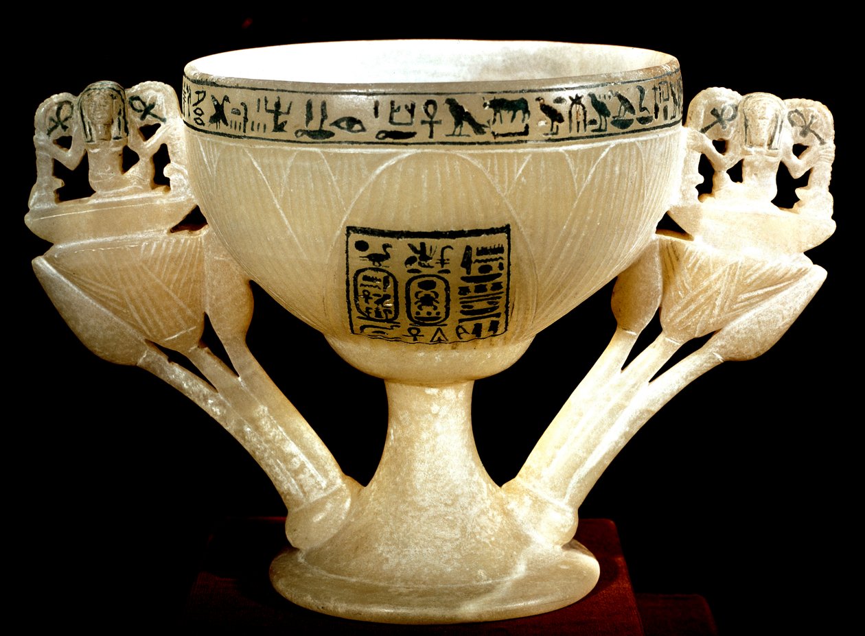 Egyptian antiquity: cup of the Immortality of the benefactors of Thebes. Lotus shaped alabaster chalice. From the treasure of Tutankhamun (1345-1327 BC) 18th dynasty. found in the Valley of kings, Thebes. 1342 BC. Cairo, Egyptian Museum by Egyptian 18th Dynasty