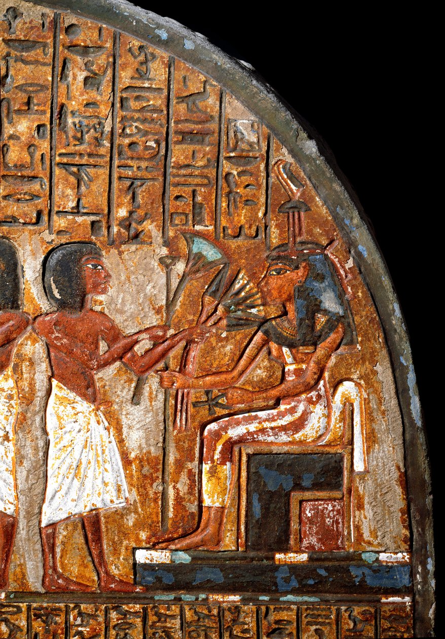 Funerary Stele of Minhotep: Detail Representing an Offering of Flowers to the Goddess Hathor by Egyptian 18th Dynasty