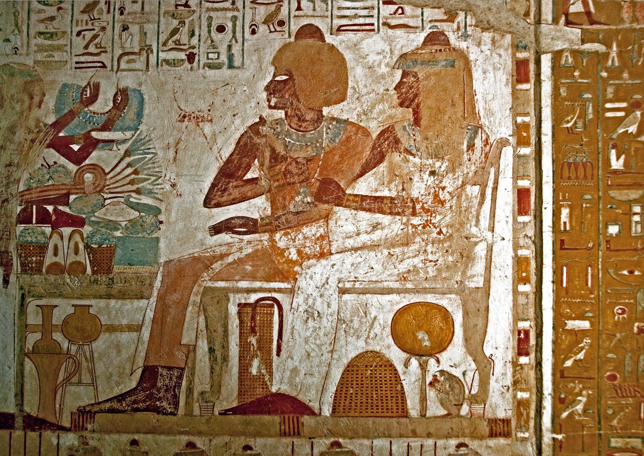 Painting Decorating the Tomb of Userhat Representing Him with His Wife Mutneferet Receiving Offerings by Egyptian 18th Dynasty
