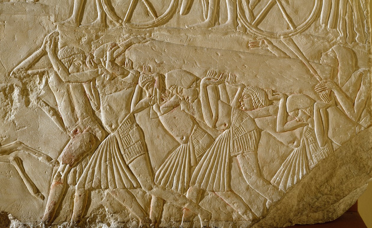 Egyptian antiquity: slaves carrying an obelisk during the great works of Pharaonic Egypt. (detail) by Egyptian 18th Dynasty