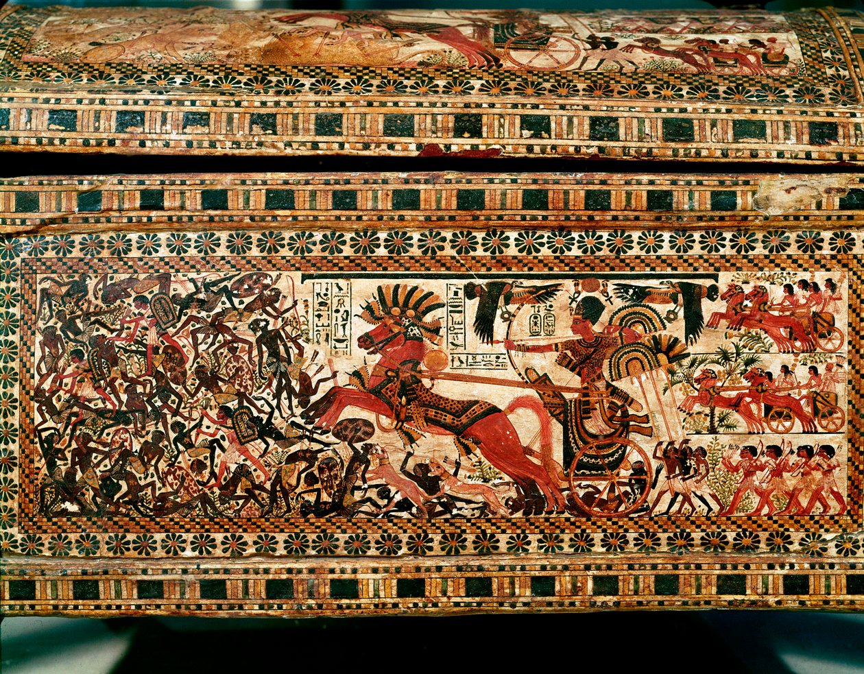 Egyptian Antiquity: Small Wooden Box with Scenes Depicting Pharaoh Tutankhamun Chasing Nubians on His Chariot. 18th Dynasty. From the Tomb of Tutankhamun (1345-1327 BC) Valley of the Kings. Thebes. Dim. 61 cm by Egyptian 18th Dynasty