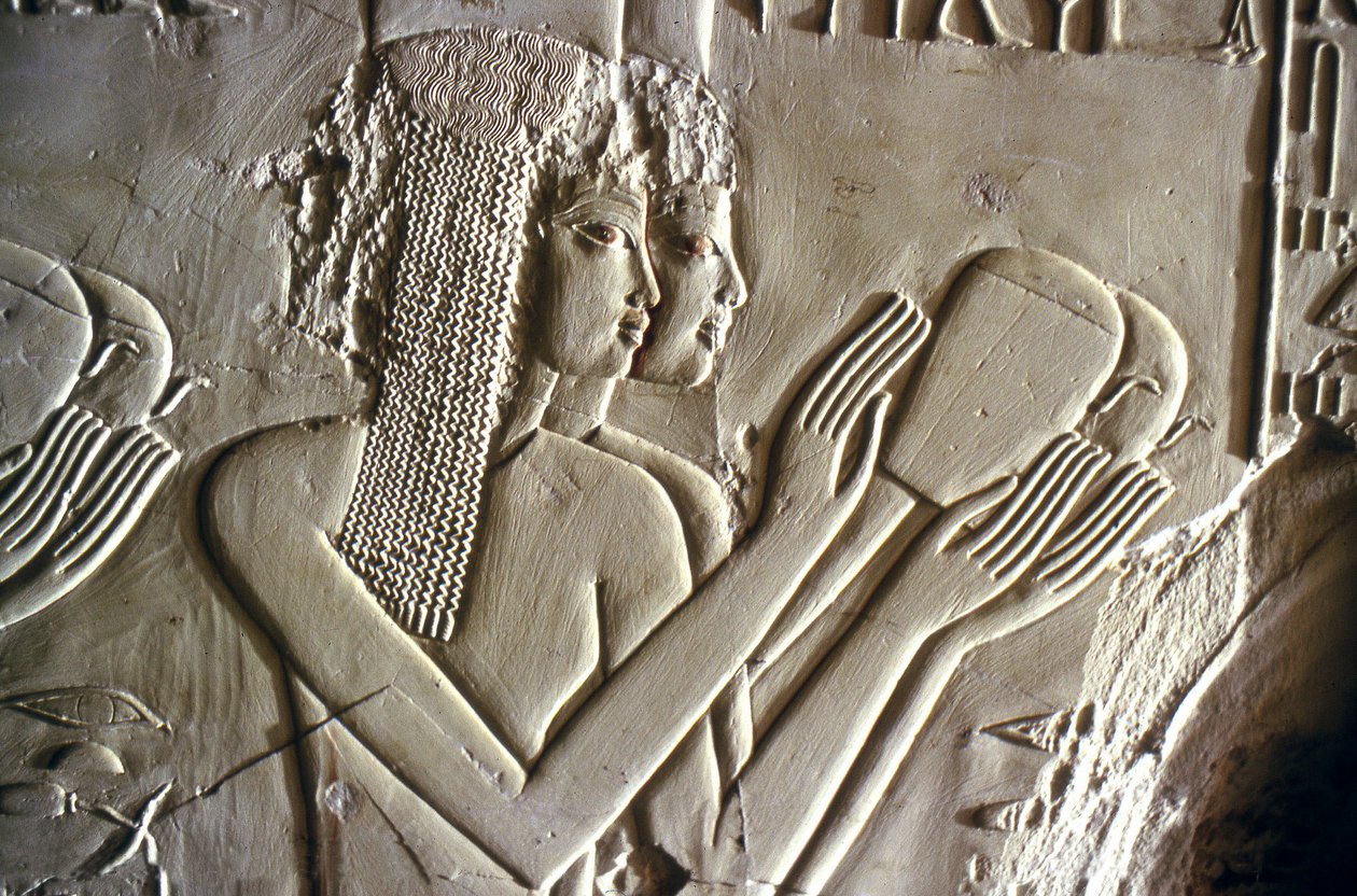 Egyptian antiquity: young girls making offerings. Tomb of Kherouef by Egyptian 18th Dynasty