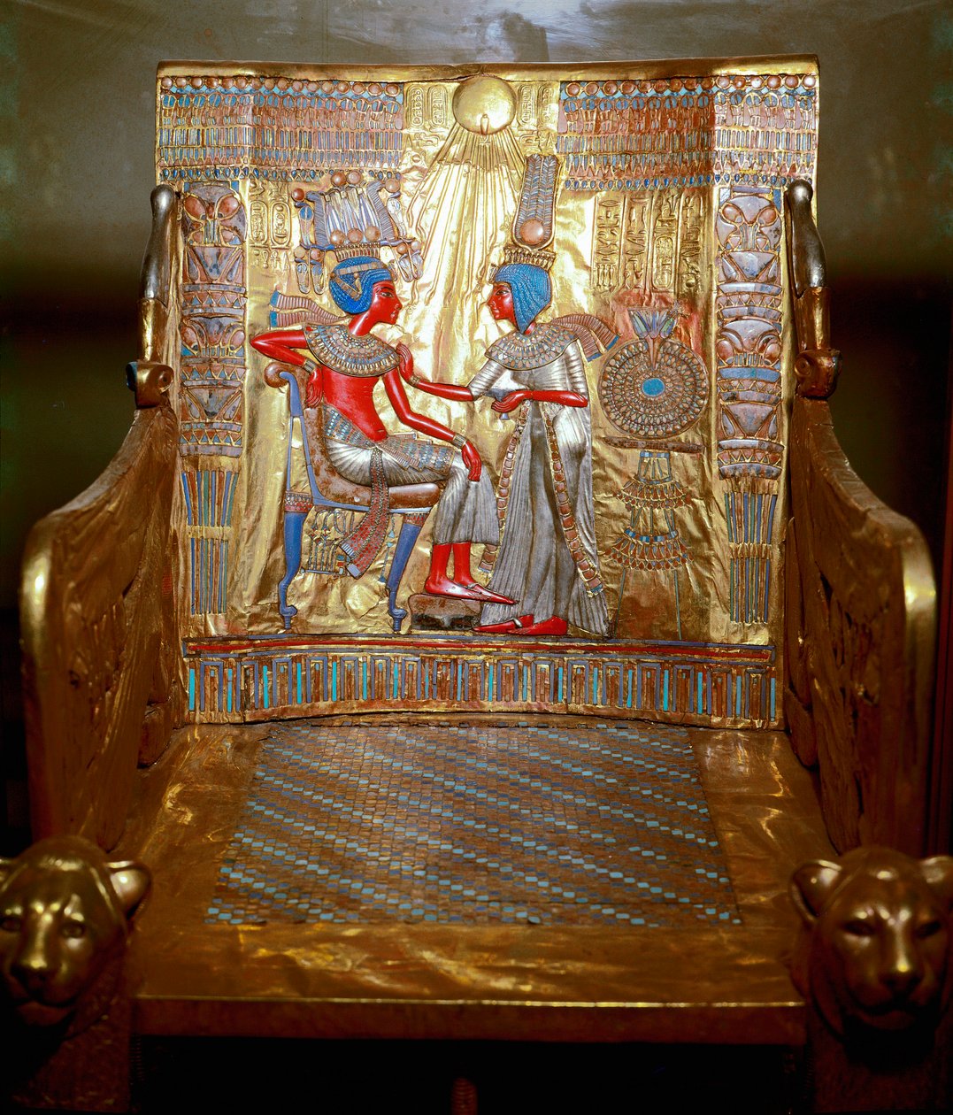 Egyptian Antiquities: A Throne in Gilded and Painted Wood of Tutankhamun. Representation of Queen Ankhesenpaaton Massaging the Shoulder of Her Brother and Husband Tutankhamun Under the Sun by Egyptian 18th Dynasty