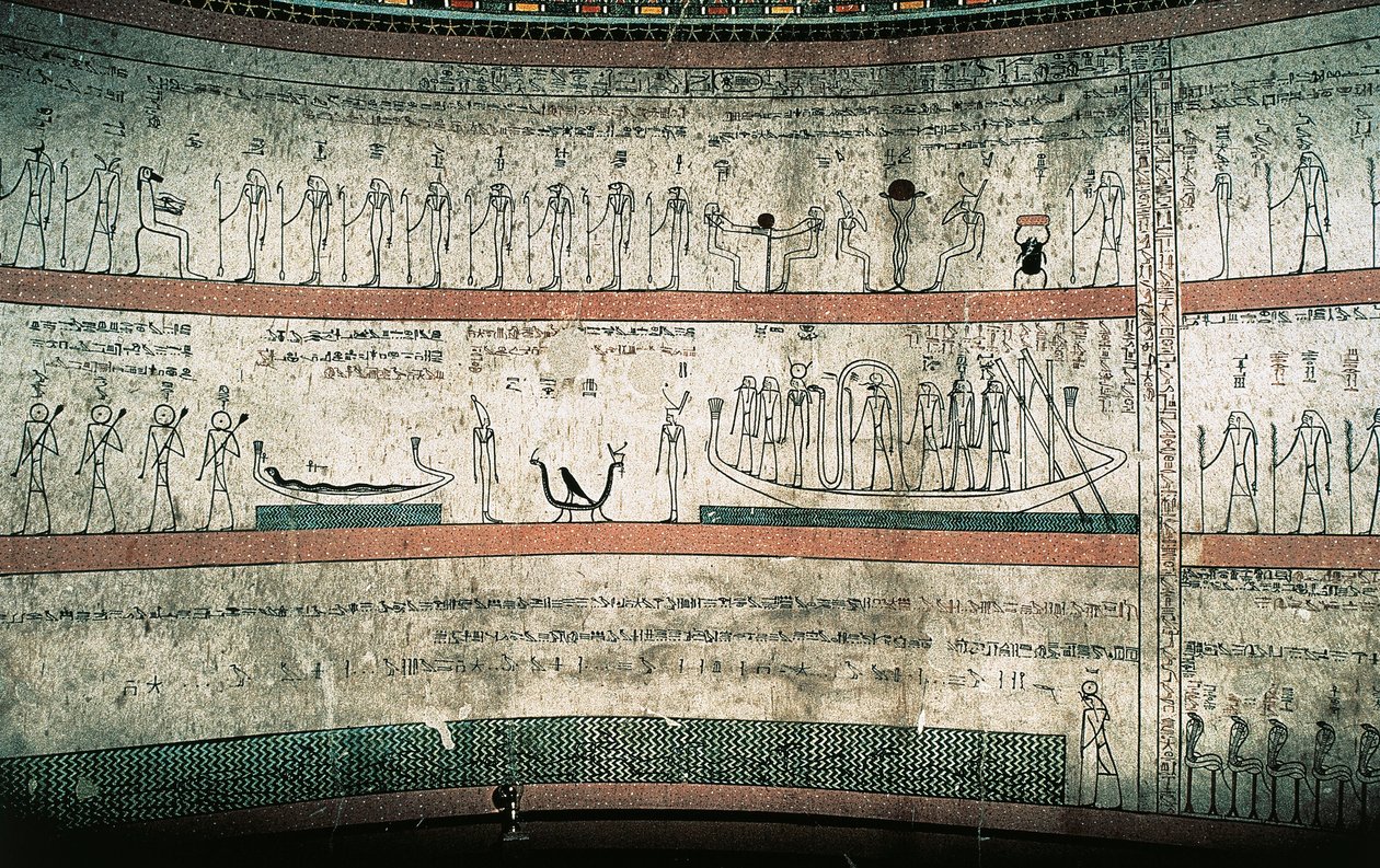 Frescos depicting the Book of Amduat, The journey of the solar boat, on burial chambers west wall by Egyptian 18th Dynasty