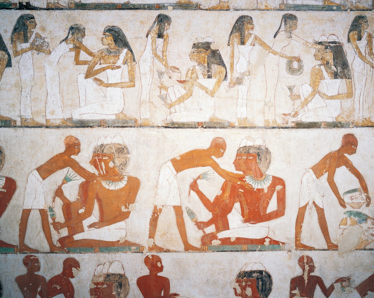Funeral feast, men and women putting on jewelry by Egyptian 18th Dynasty